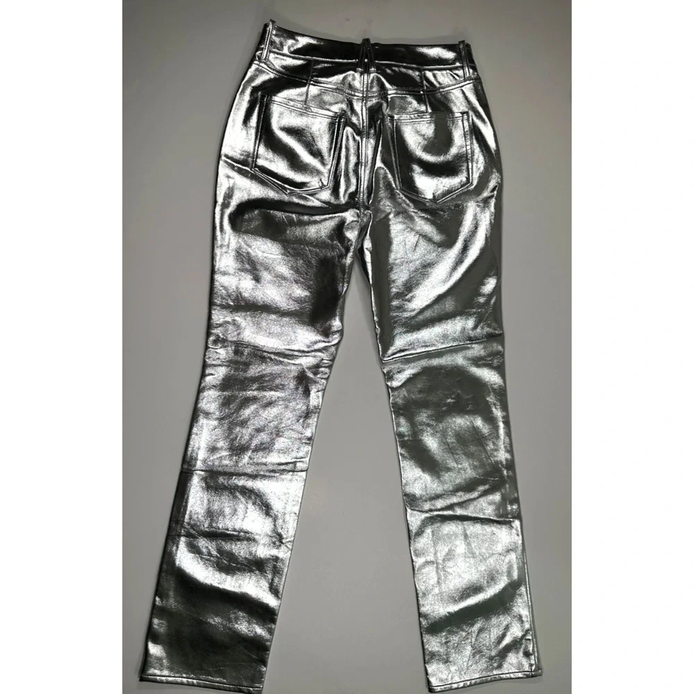 Good American Faux Leather Good Icon Straight Pants in Silver Metallic Size 6/28 - Picture 2 of 7